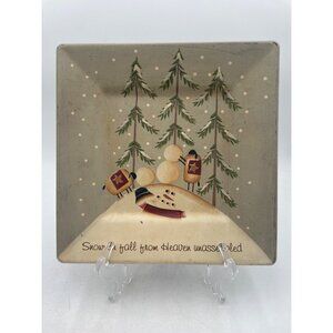 Hand-Painted Square Holiday Plate By Karen Schwarz Snowman & Trees Design